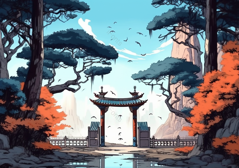 山门大门大树枫树中国风国潮古典复古插画,插画/手绘图,插画/手绘图库,插画/手绘图下载,插画/手绘